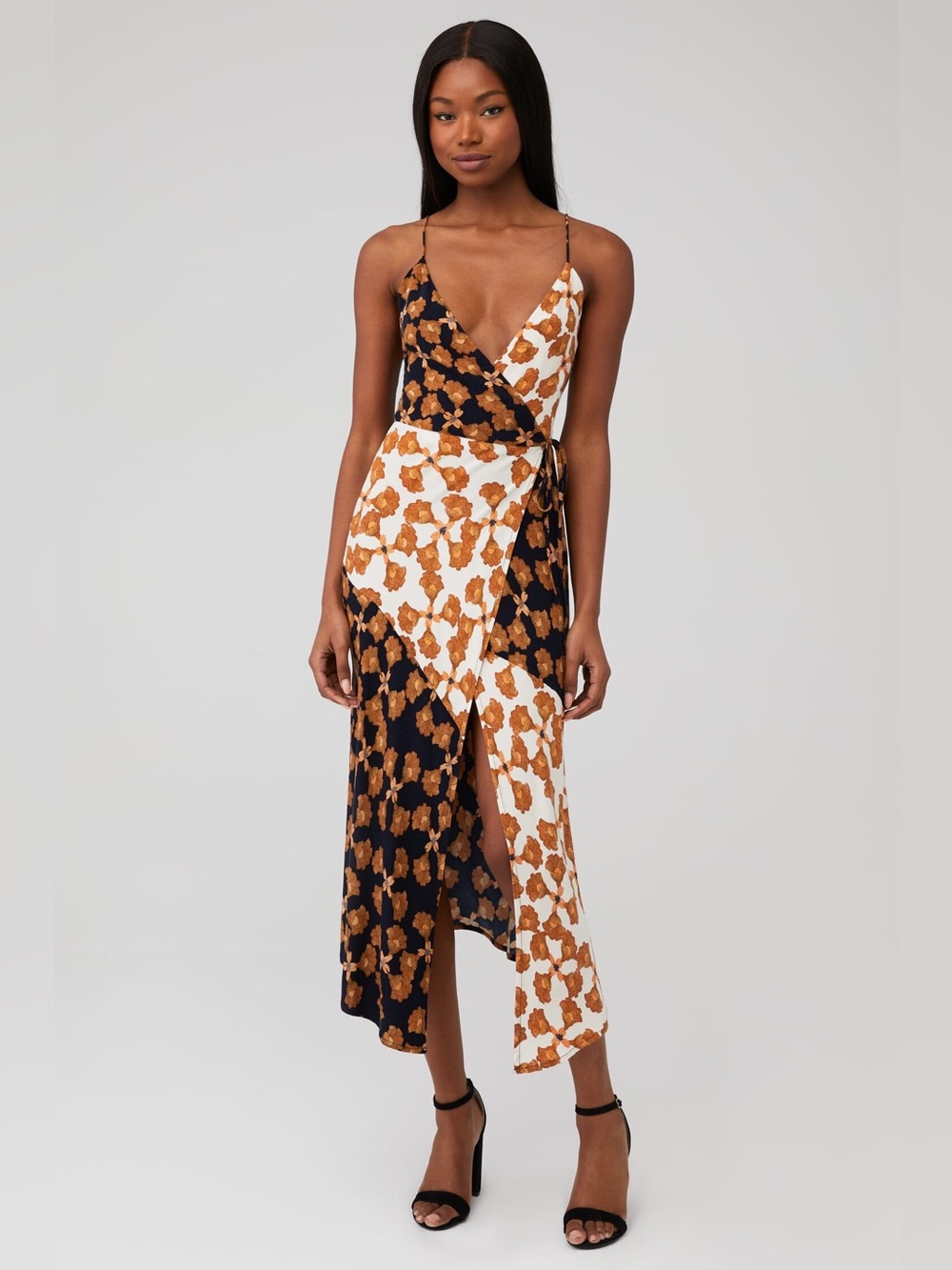 MINKPINK Nour Cami Wrap Midi Dress Black Cream Floral - Picture 2 of 7
